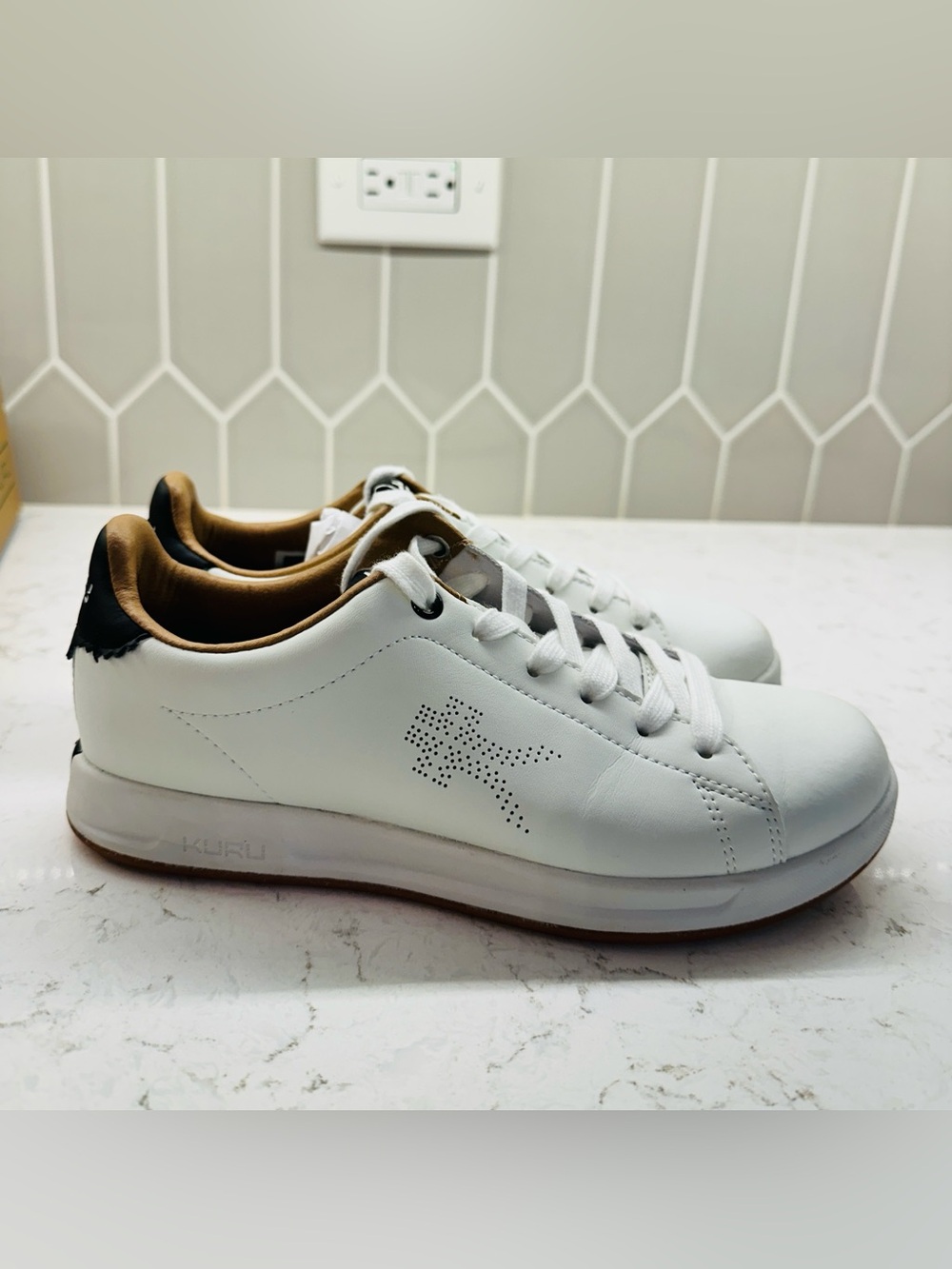 KURU Women’s White Leather Sneakers with Tan Lining and Black Heel Accent